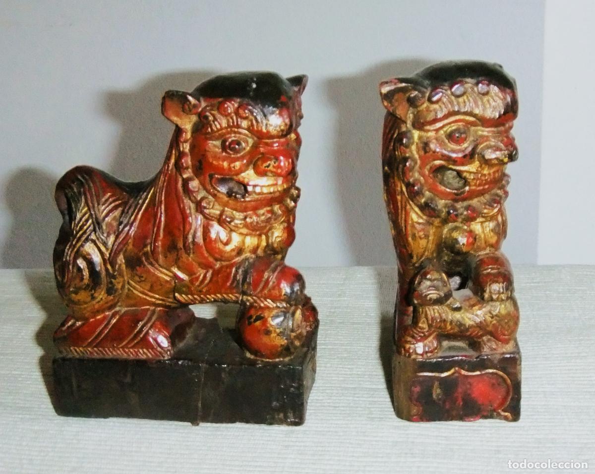 Arte: PERROS FOO DE MADERA POLICROMADA S.XIX CHINA - Foto 9