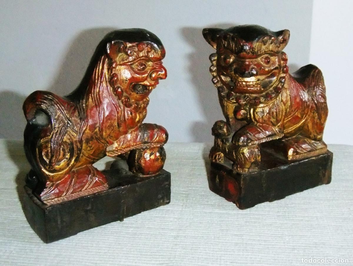 Arte: PERROS FOO DE MADERA POLICROMADA S.XIX CHINA - Foto 11