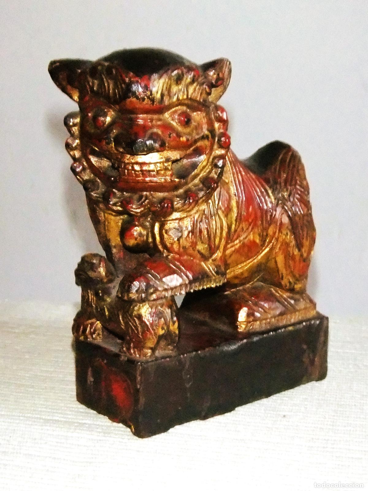 Arte: PERROS FOO DE MADERA POLICROMADA S.XIX CHINA - Foto 2