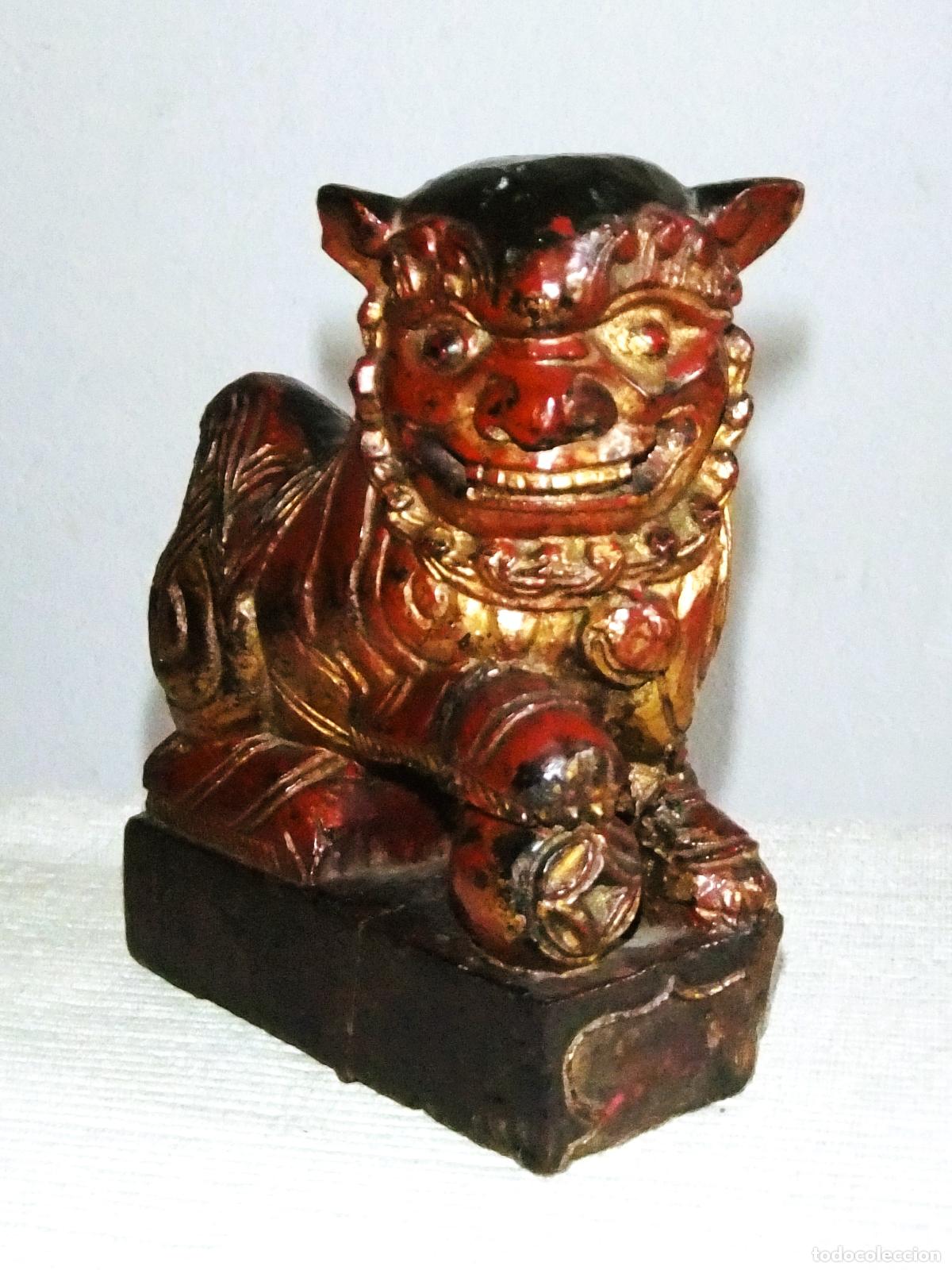 Arte: PERROS FOO DE MADERA POLICROMADA S.XIX CHINA - Foto 3
