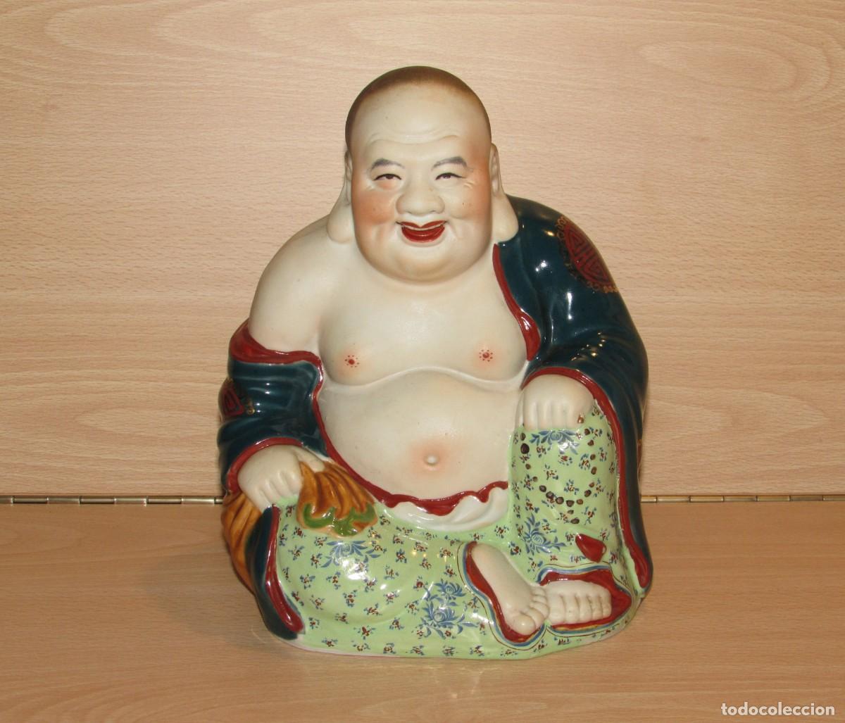 Art: Buda Bhuda Budha Hotei sonriente felicidad porcelana cer&aacute;mica china vintage oriental sellos 20 cm