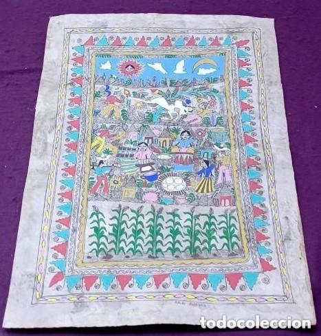 Art: Pintura Original sobre corteza de &aacute;rbol, papel amate, M&eacute;xico, firmado Plasido Ascencio