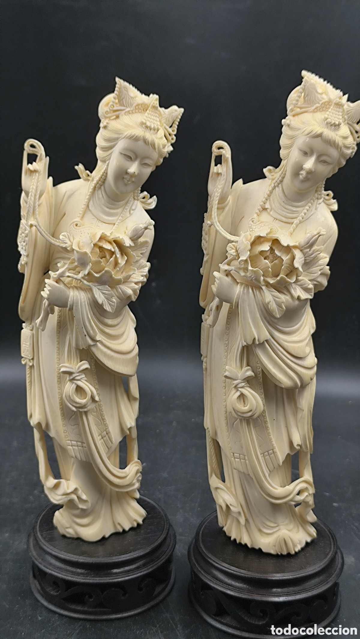 Art: Pareja figuras orientales en marfilina tallada &ndash; estilo geisha &ndash; gran detalle &ndash; 30 cm
