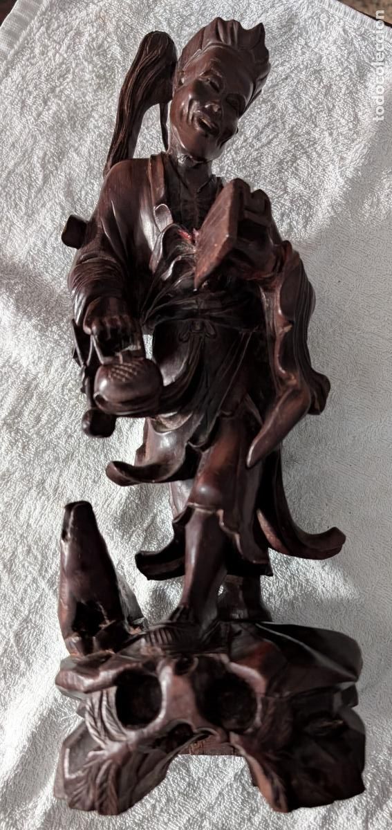 Arte: TALLA CHINA DE 37 CM. ANCIANO PESCADOR CHINO ACOMPA&Ntilde;ADO DE PERRO