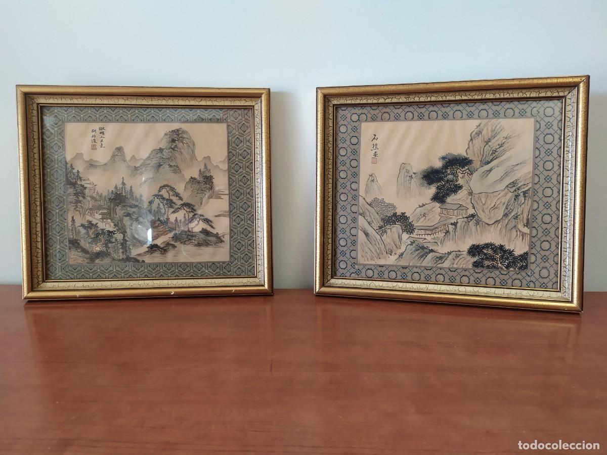 Arte: CUADRO ORIENTAL A TINTA SOBRE SEDA EN MARCO DORADO-PINTURA CHINA SOBRE TELA SEDA-