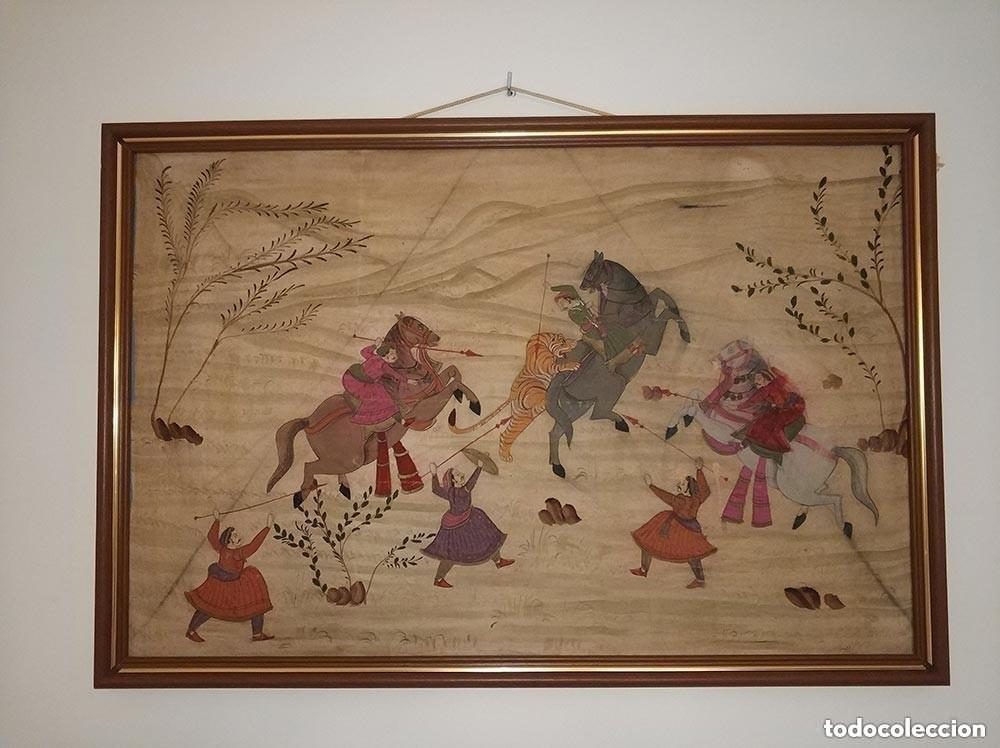 Arte: Espectacular cuadro antigua pintura Hindu La caza del Tigre en papel seda o arroz, enmarcado