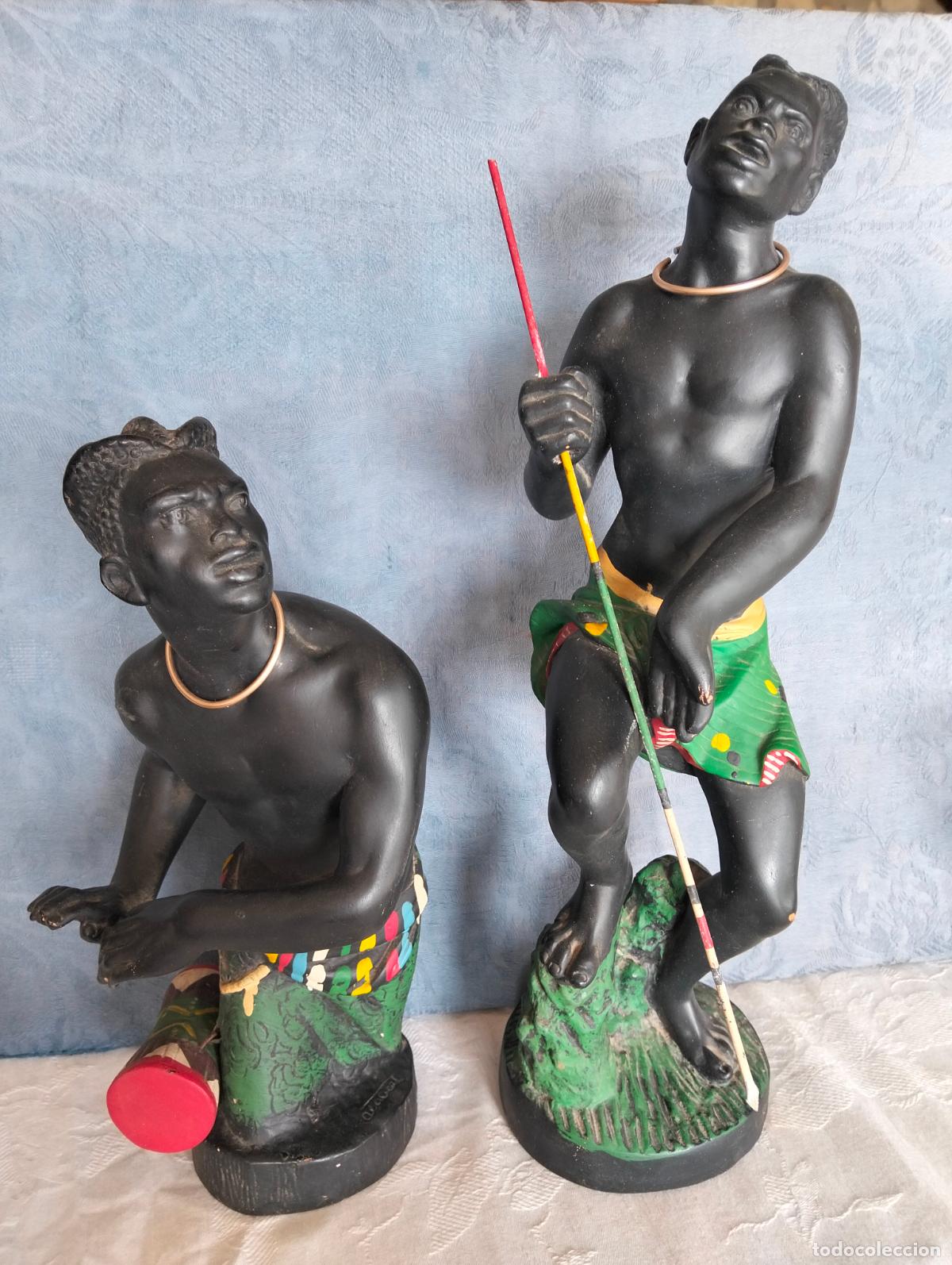 Arte: Pareja figuras decorativas pintadas vintage guerreros africanos negros tambor escultura mid century