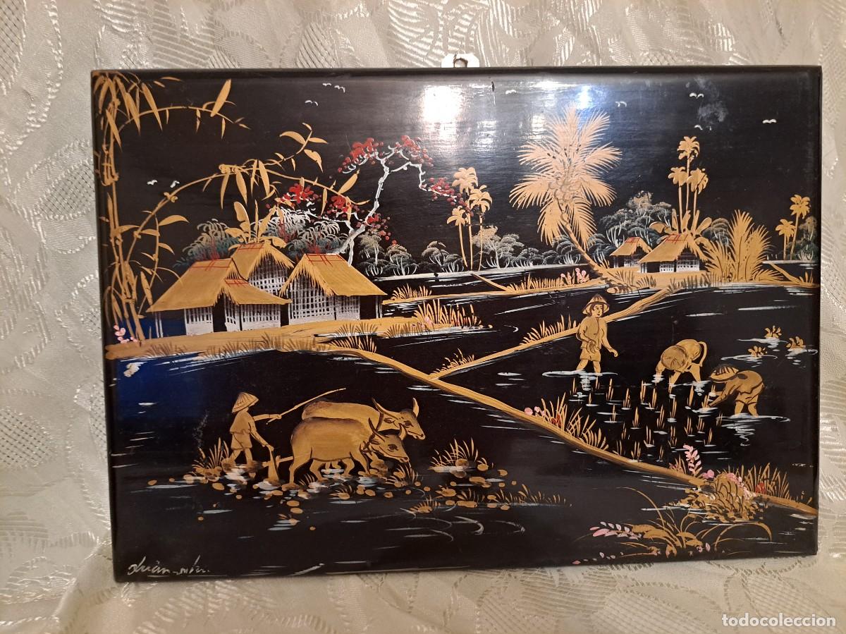 Arte: Precioso cuadro de madera con laca china pintado a mano, cultivo del arroz.