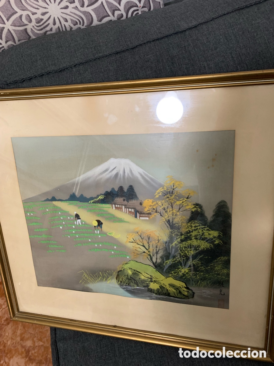 Arte: Pintura sobre seda monte fuji Jap&oacute;n ver firma