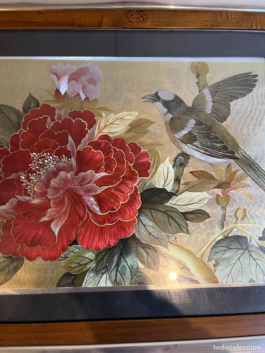 Kunst: Cuadro seda bordada oriental aves flores peon&iacute;a japonesa china vintage decorativo lujo