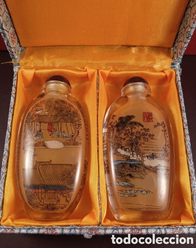 Art: DOS SNUFF BOTTLE - PERFUMEROS CHINOS DE CRISTAL Y ESMALTES - CAJA ORIGINAL - VINTAGE - C. 1950
