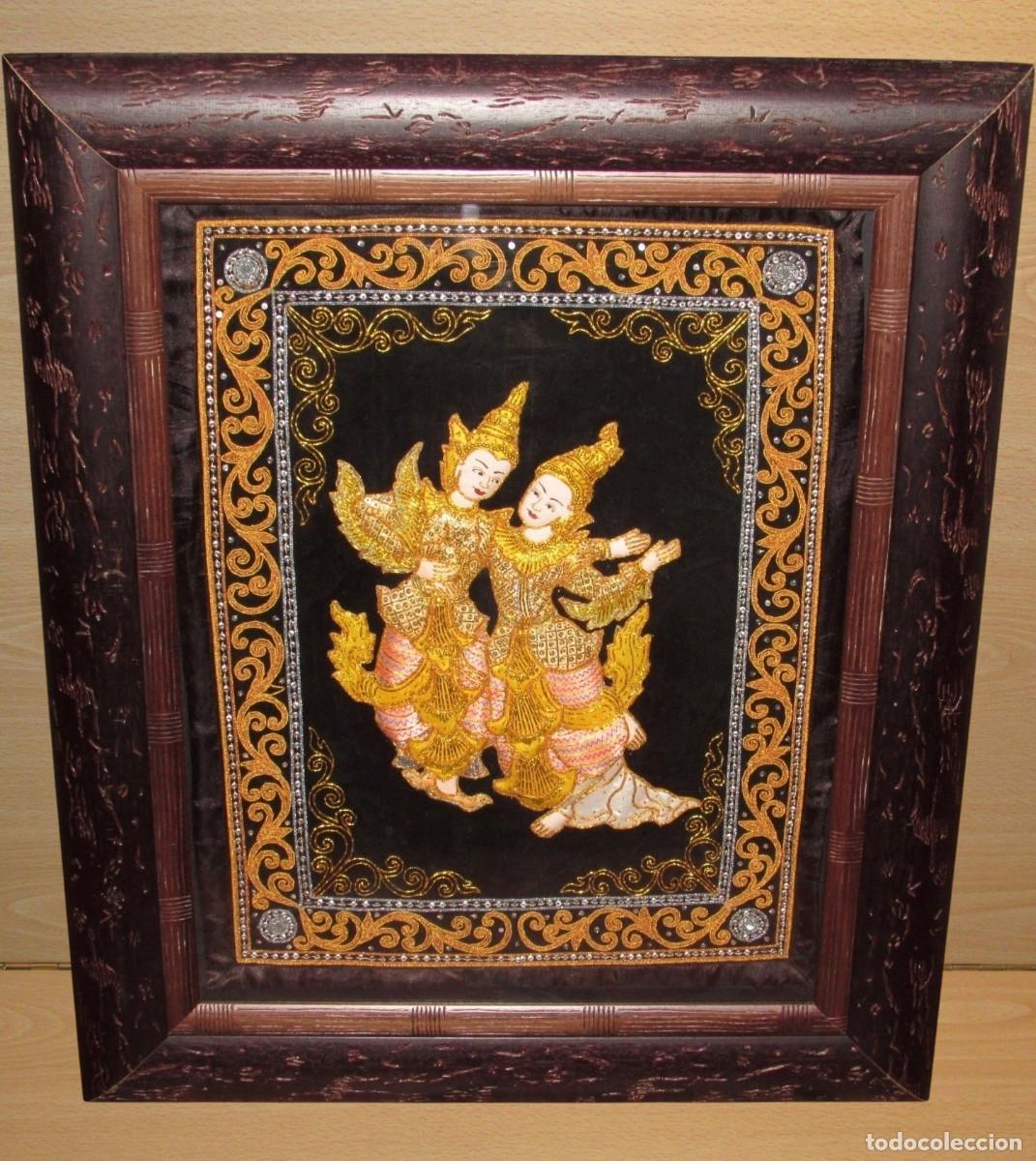 Arte: Cuadro tapiz Kalaga birmano Birmania Myanmar marco &eacute;tnico y cristal Bailarines Yangon