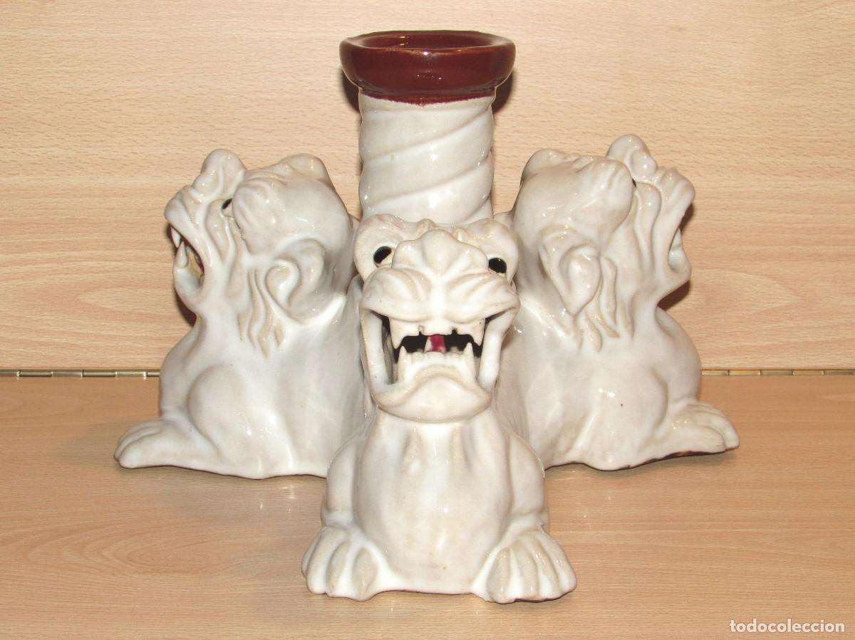 Arte: Candelabro porta velas incienso incensario quemador 3 Perro Foo Fu G&aacute;rgola cer&aacute;mica vintage 2 kg