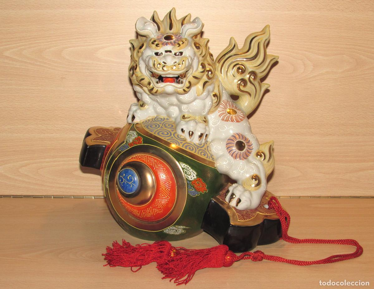 Arte: Perro Foo Le&oacute;n Fu Shishi Qilin Furia porcelana cer&aacute;mica Kutani sello Jap&oacute;n oriental vintage 2680 gr