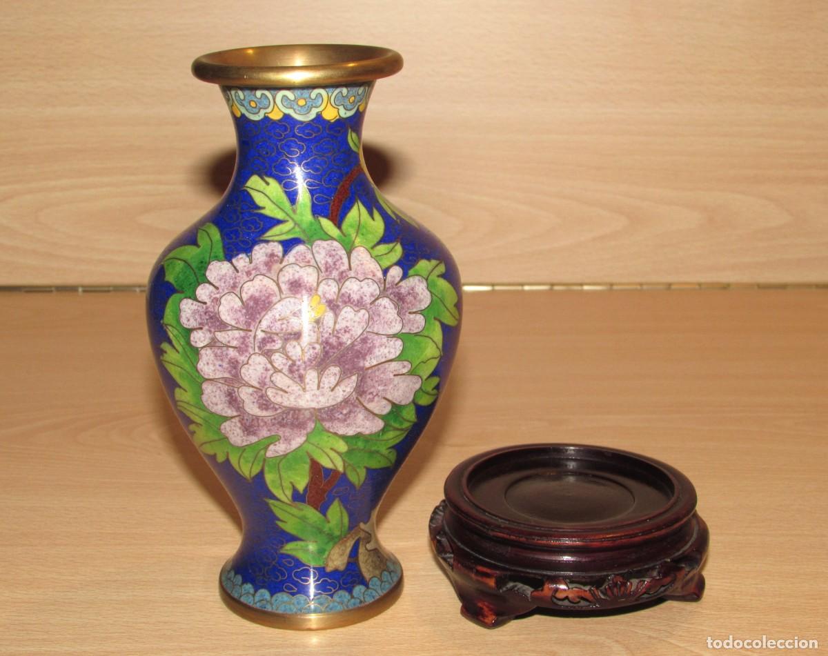 Arte: Jarr&oacute;n oriental chino esmaltes metal esmaltado cloisonn&eacute; azul ave flores 15,5 cm m&aacute;s peana