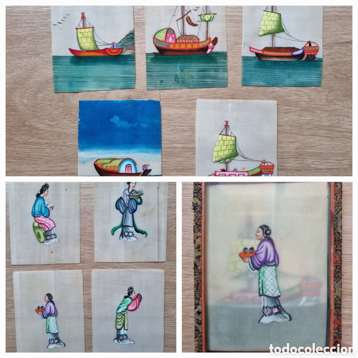 Arte: 9 Pinturas chinas sobre papel de arroz. Principios S.XX. Con caja cristal y cart&oacute;n original.