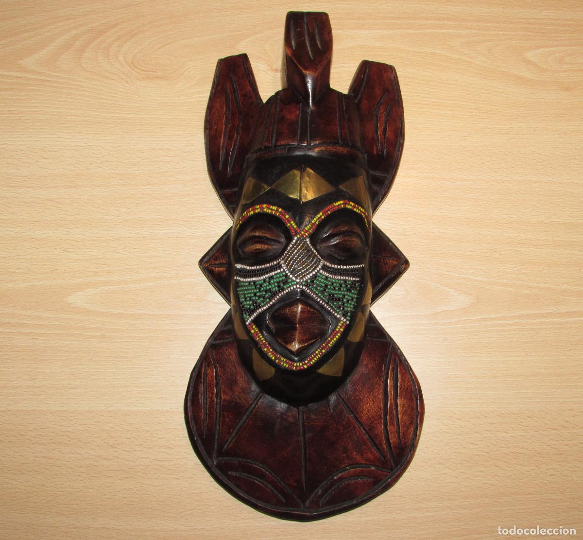 Art: M&aacute;scara africana &Aacute;frica madera cuentas y lat&oacute;n Ashanti Ghana 33,5 cm