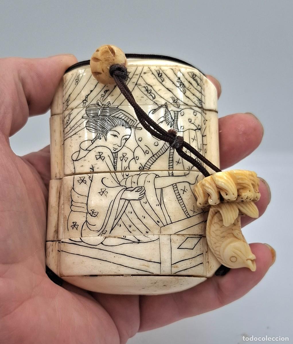 Arte: INRO JAPONES EN HUESO GRABADO EN LOS DOS LADOS CON NETSUKE Y OJIME