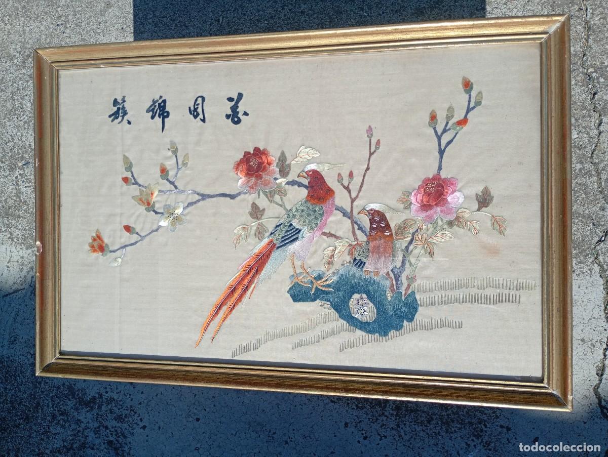 Arte: antiguo cuadro bordado a mano seda oriental suzhou p.s.XX aves del paraiso peonias su xiu