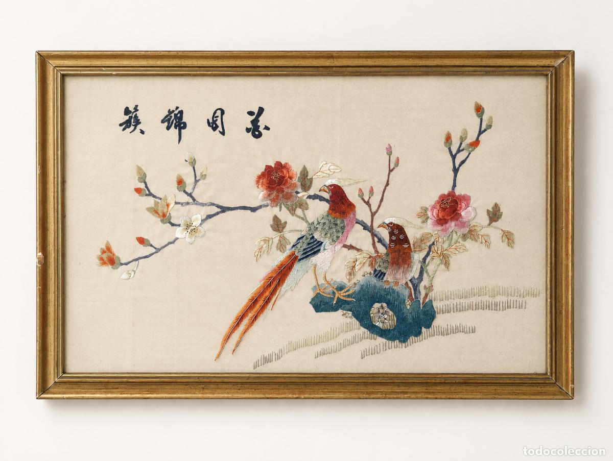 Art: antiguo cuadro bordado a mano seda oriental suzhou p.s.XX aves del paraiso peonias su xiu