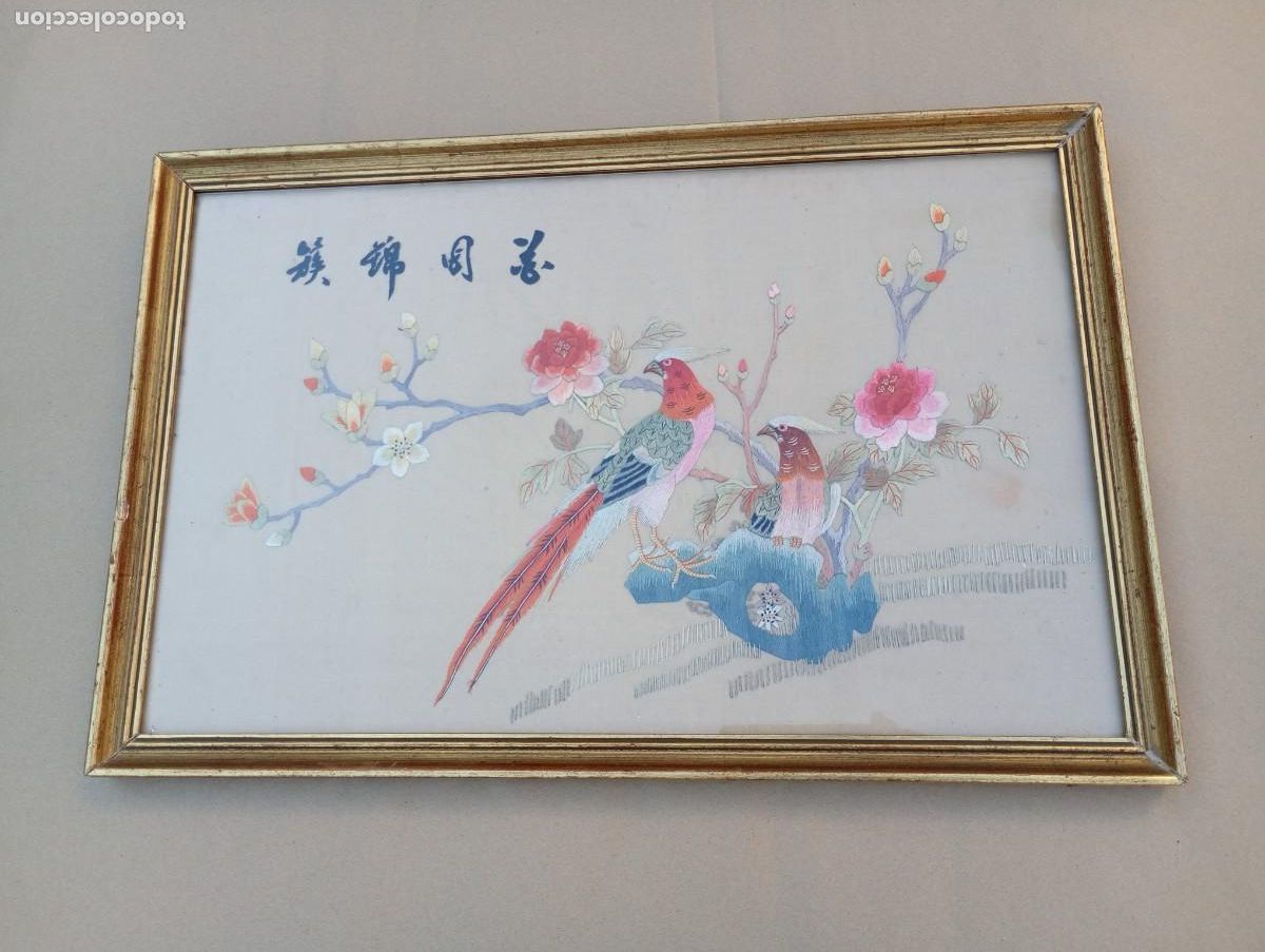 Arte: antiguo cuadro bordado a mano seda oriental suzhou p.s.XX aves del paraiso peonias su xiu