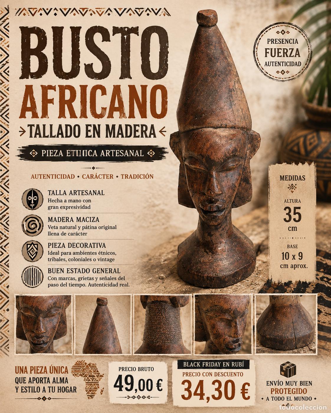Arte: BUSTO AFRICANO TALLADO EN MADERA | FIGURA &Eacute;TNICA ARTESANAL | 35 CM | DECORACI&Oacute;N