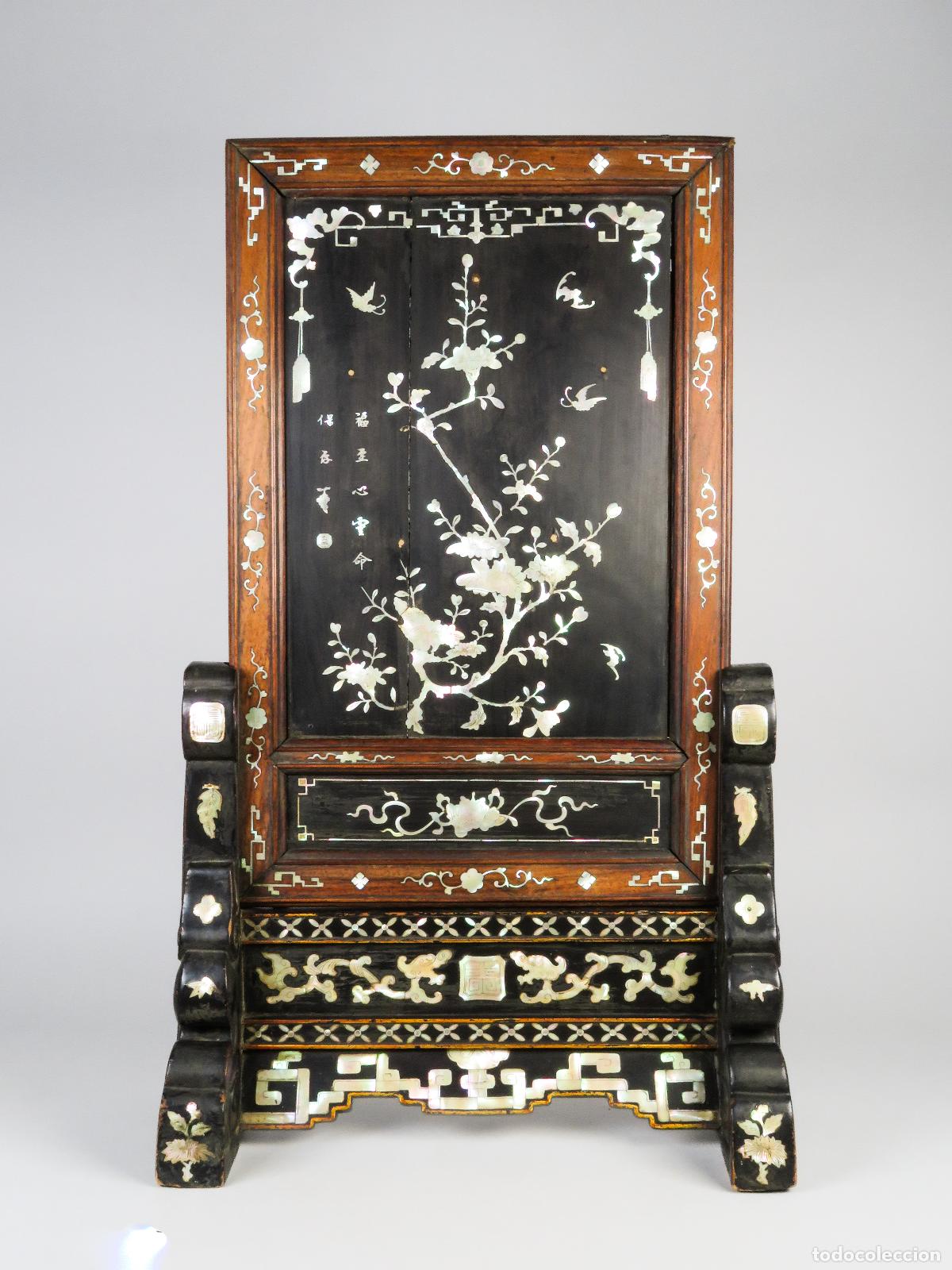 Arte: Biombo de escritorio en madera incrustaciones en n&aacute;car China Dinast&iacute;a Qing siglo XIX