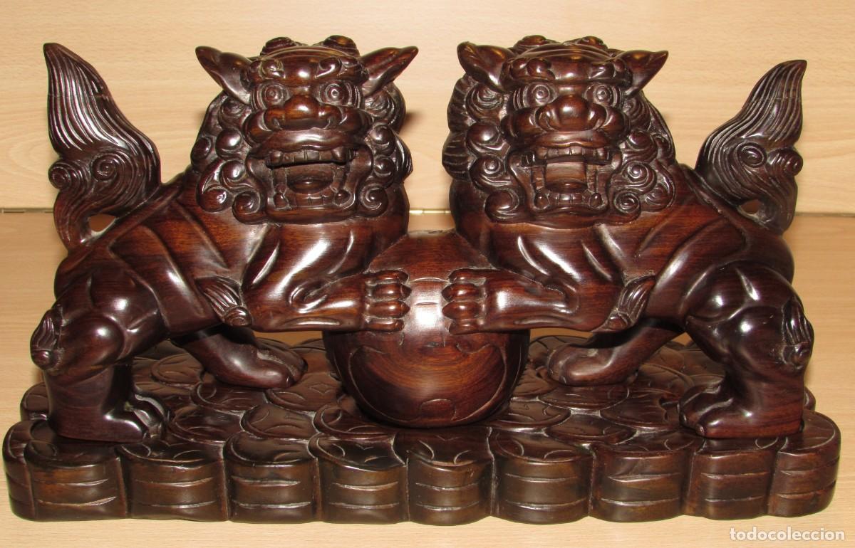 Arte: Incensario quemador oriental madera perros guardianes Foo Le&oacute;n Fu Chinthe Quimera Shishi Qilin