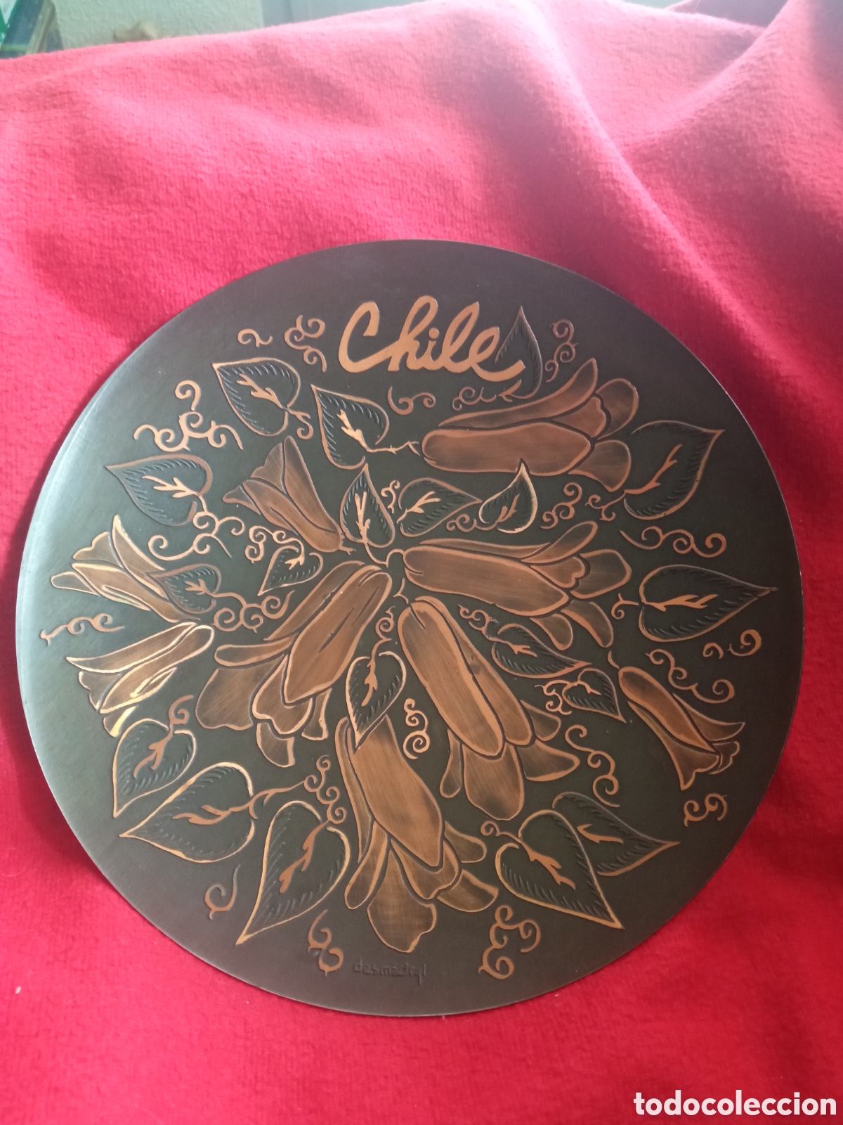 Arte: Bonito plato de Artesan&iacute;a de Chile, de cobre, realizado a mano, 24,4cm de di&aacute;metro