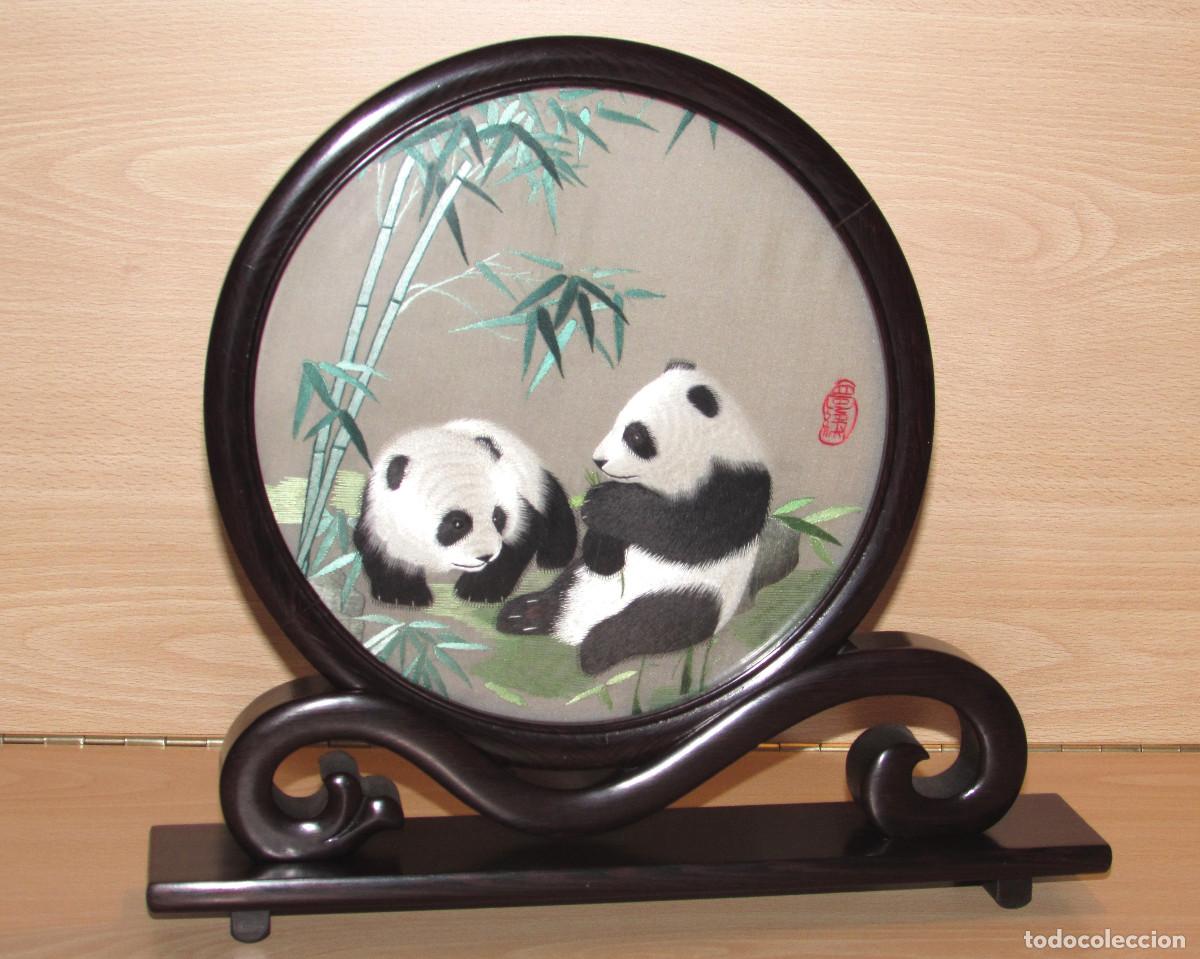 Art: Cuadro panel artesanal oriental china osos panda bordado seda madera