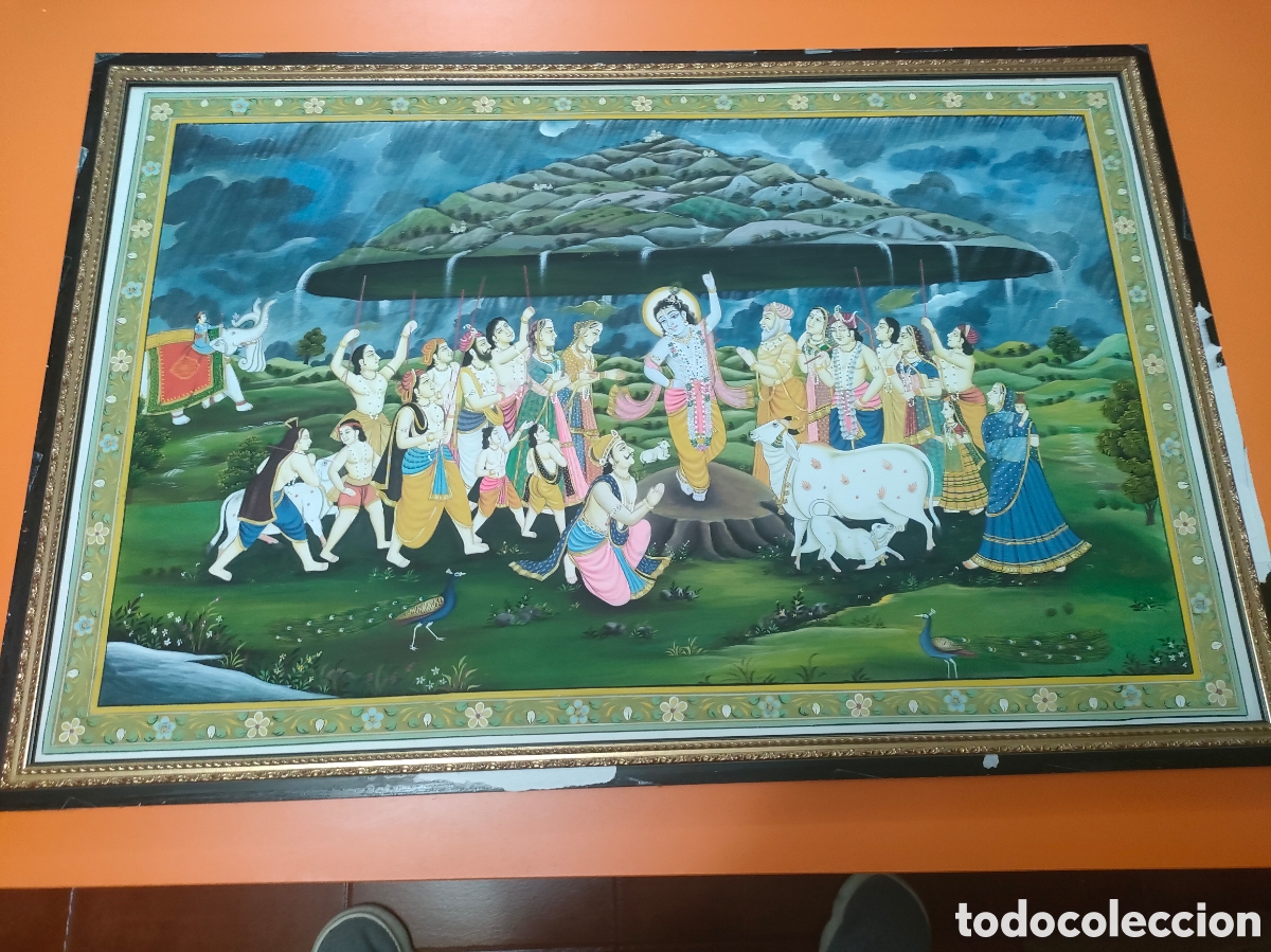 Arte: Antiguo cuadro hindu en papel de seda a&ntilde;os 80