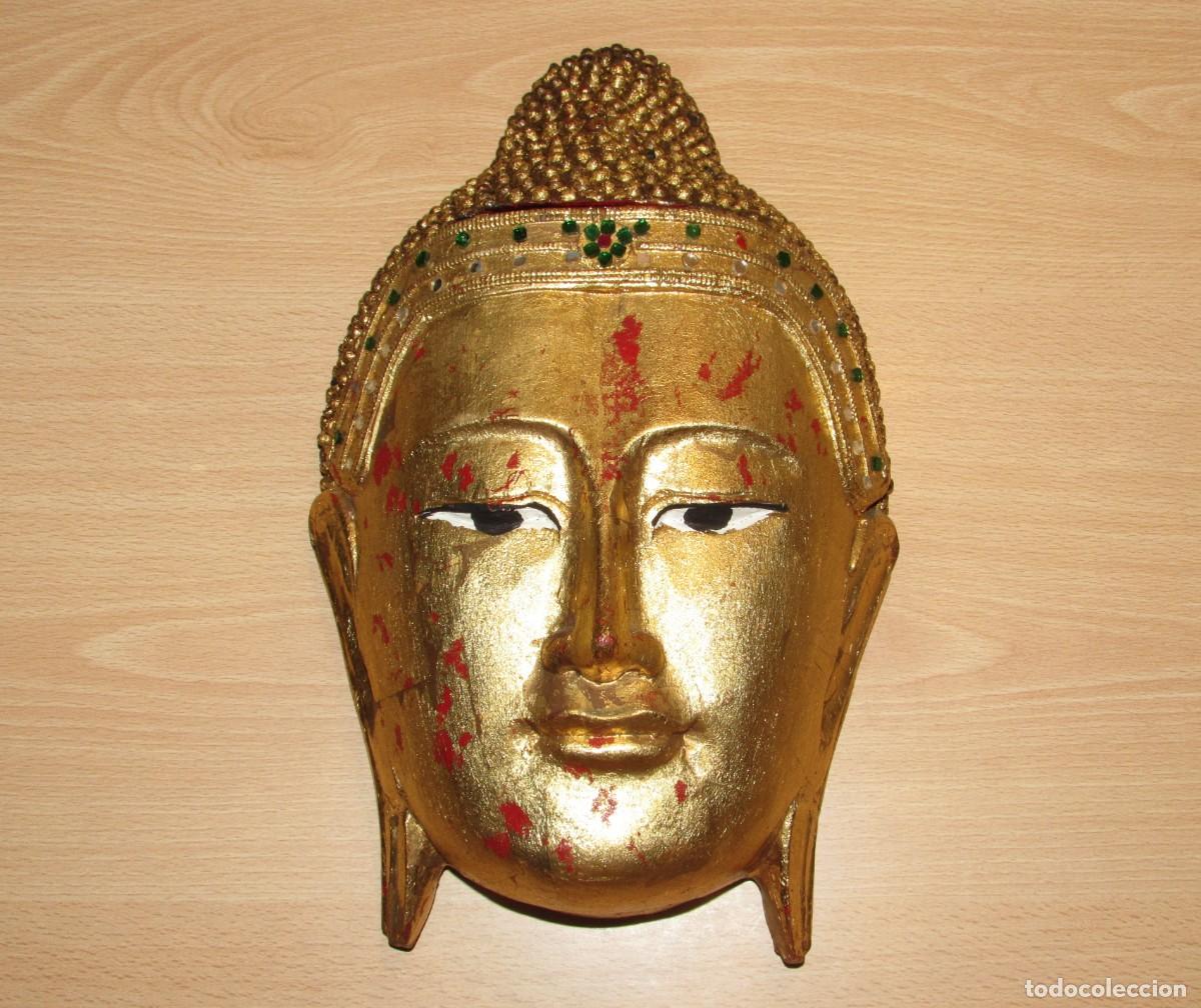 Arte: M&aacute;scara vintage oriental cabeza Buda Bhuda Budha Tailandia tailand&eacute;s madera pan oro dorado a&ntilde;os 70