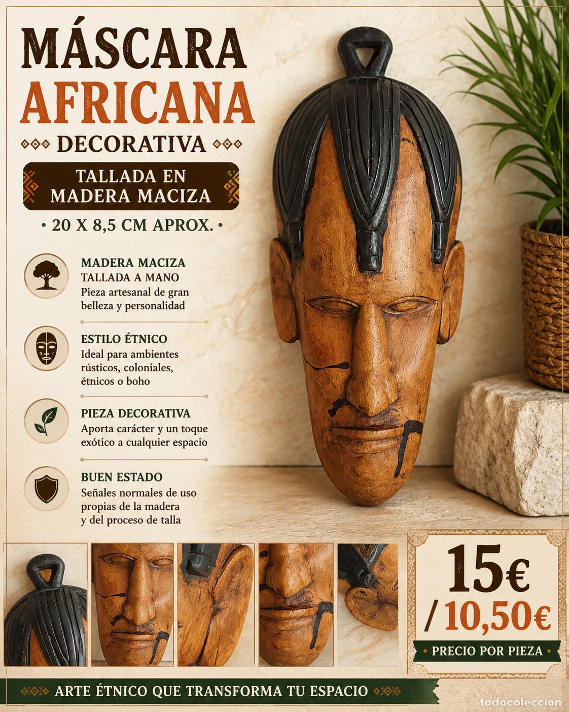 Arte: M&Aacute;SCARA AFRICANA DECORATIVA | TALLADA EN MADERA MACIZA | 20 CM | ESTILO &Eacute;TNICO