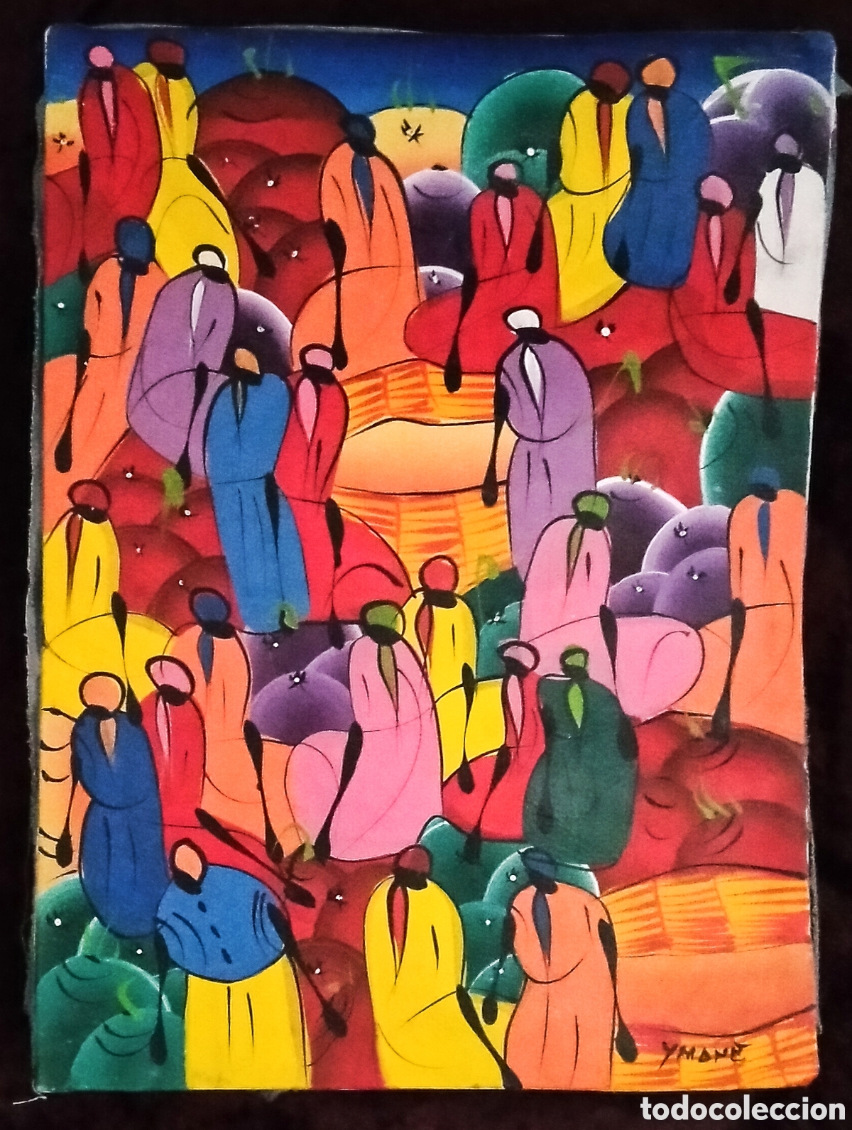 Arte: &Oacute;LEO s. LIENZO / (ARTE AFRICANO-EXPRESIONISMO). *GRUPO DE PERSONAS NATIVAS*. FDO.: YMANE. MAGN&Iacute;FICA
