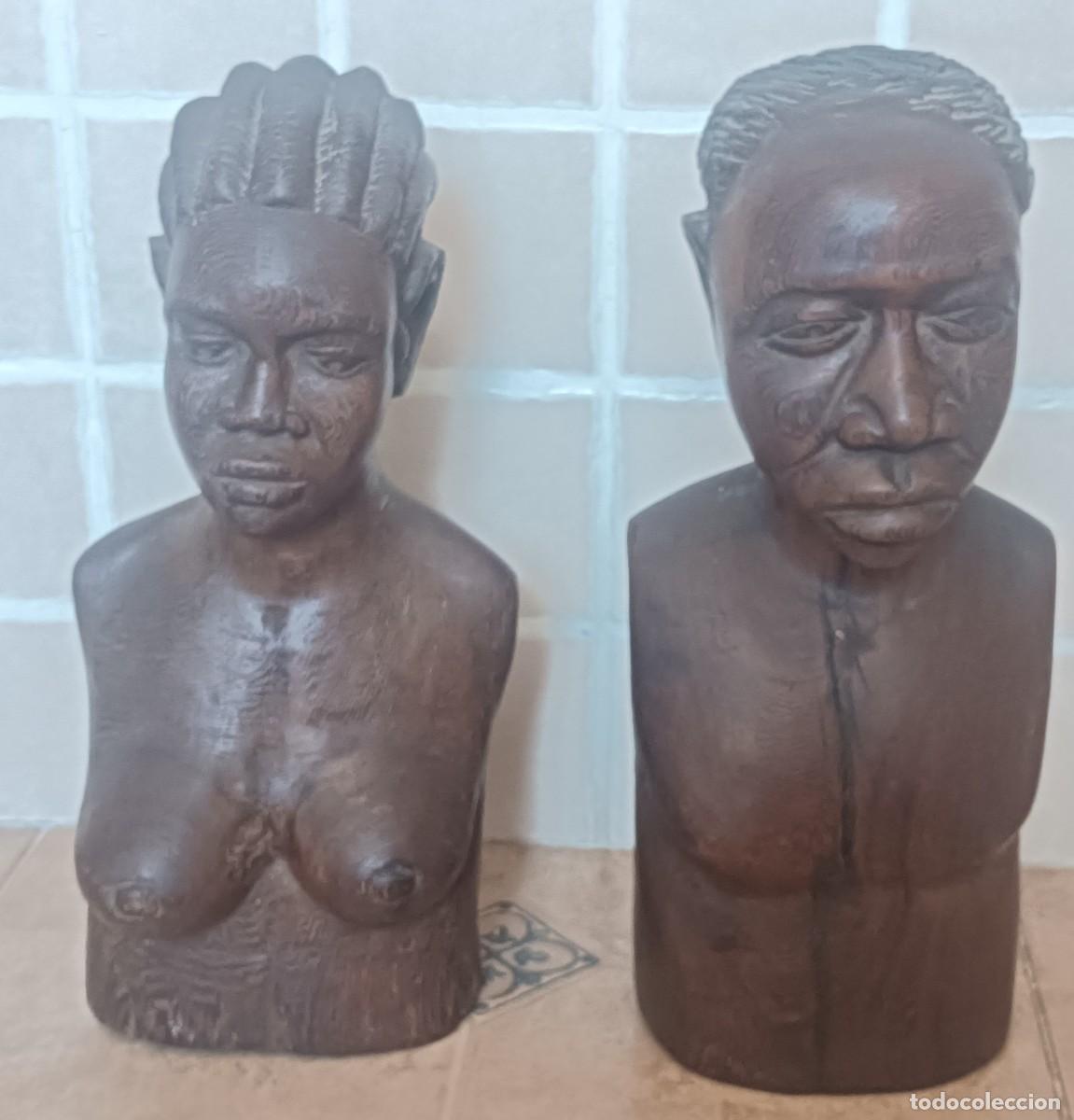 Arte: Pareja de Bustos Africanos Macizos en Madera Noble &ndash; Camer&uacute;n A&ntilde;os 60