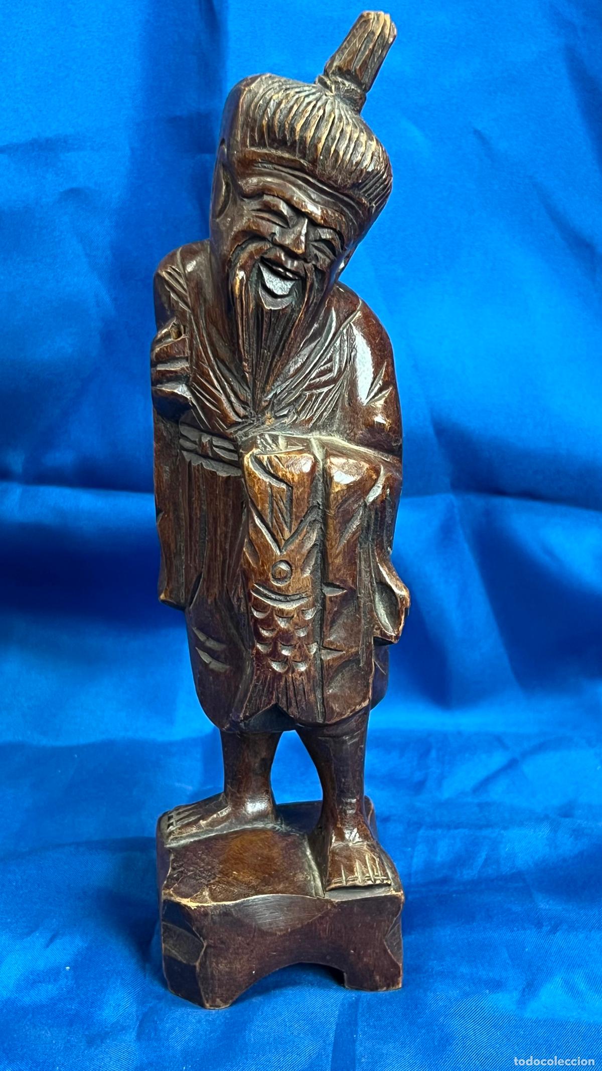 Arte: ANTIGUA TALLA ORIENTAL EN MADERA MACIZA - REPRESENTACI&Oacute;N DEL DIOS EBISU (DIOS DE LOS PESCADORES Y LA