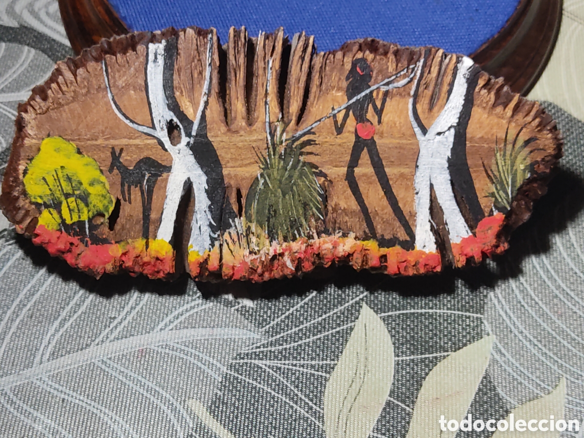 Arte: Arte aborigen,retablo Australiano,caza del canguro pintado en madera