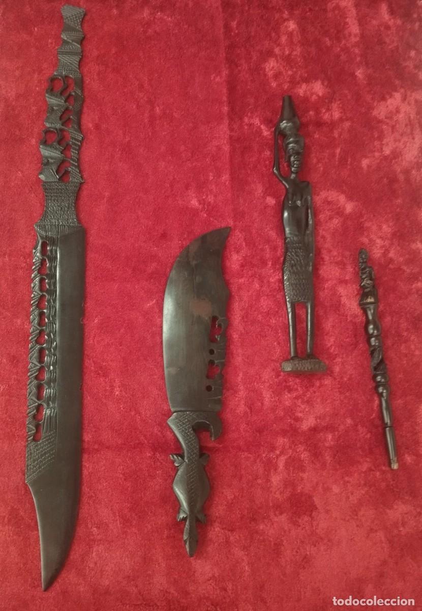 Arte: Lote &Eacute;tnico Africano A&ntilde;os 80: Gran Espada, Cuchillo Cocodrilo, Escultura Mujer y Pipa. Madera Tallad