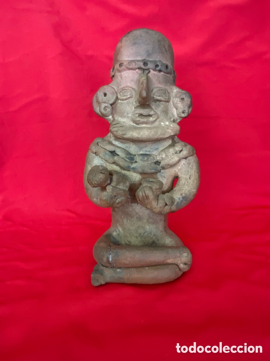 Arte: Antiguo &Iacute;dolo / Figura de Terracota Estilo Precolombino - Cham&aacute;n con recipientes rituales