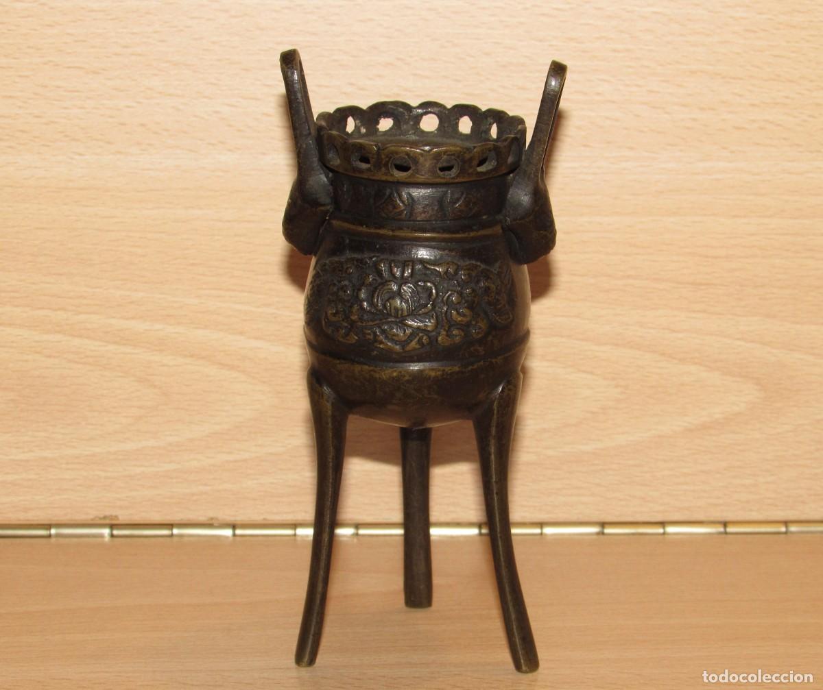 Arte: Antiguo quemador incienso incensario tr&iacute;pode metal pebetero chino oriental cabezas drag&oacute;n sin tapa