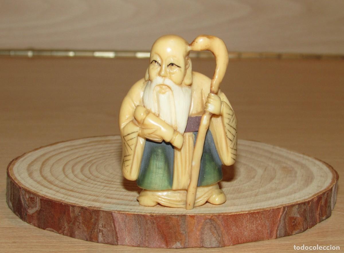 Arte: Netsuke antiguo japon&eacute;s okimono Dios longevidad Fukurokuju o Shou Xing firmado Meiji tard&iacute;o