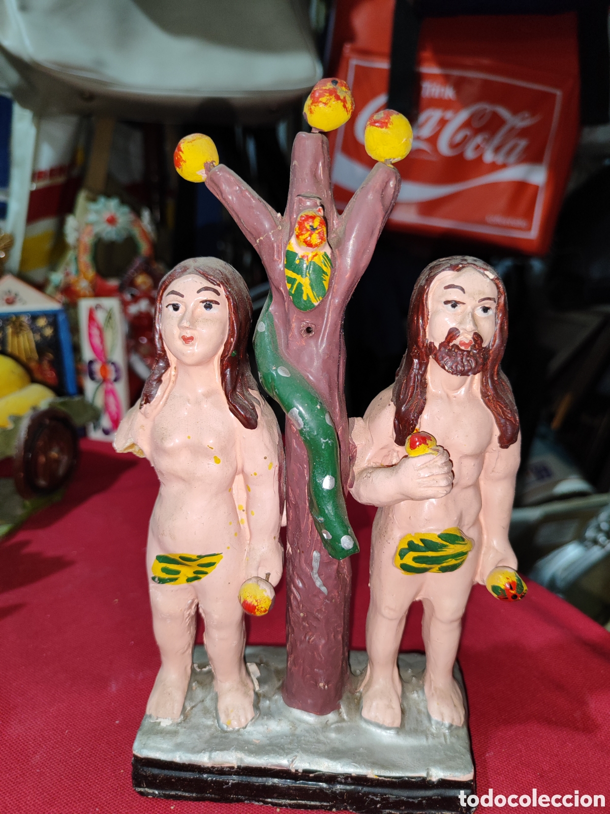 Arte: Original escultura de barro &aacute;rbol de la vida Ad&aacute;n y Eva M&eacute;xico CON TARA IMPORTANTE