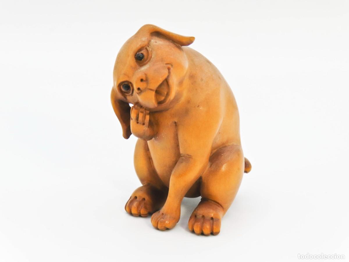 Arte: NETSUKE MADERA PERRO FIRMADO - Foto 1
