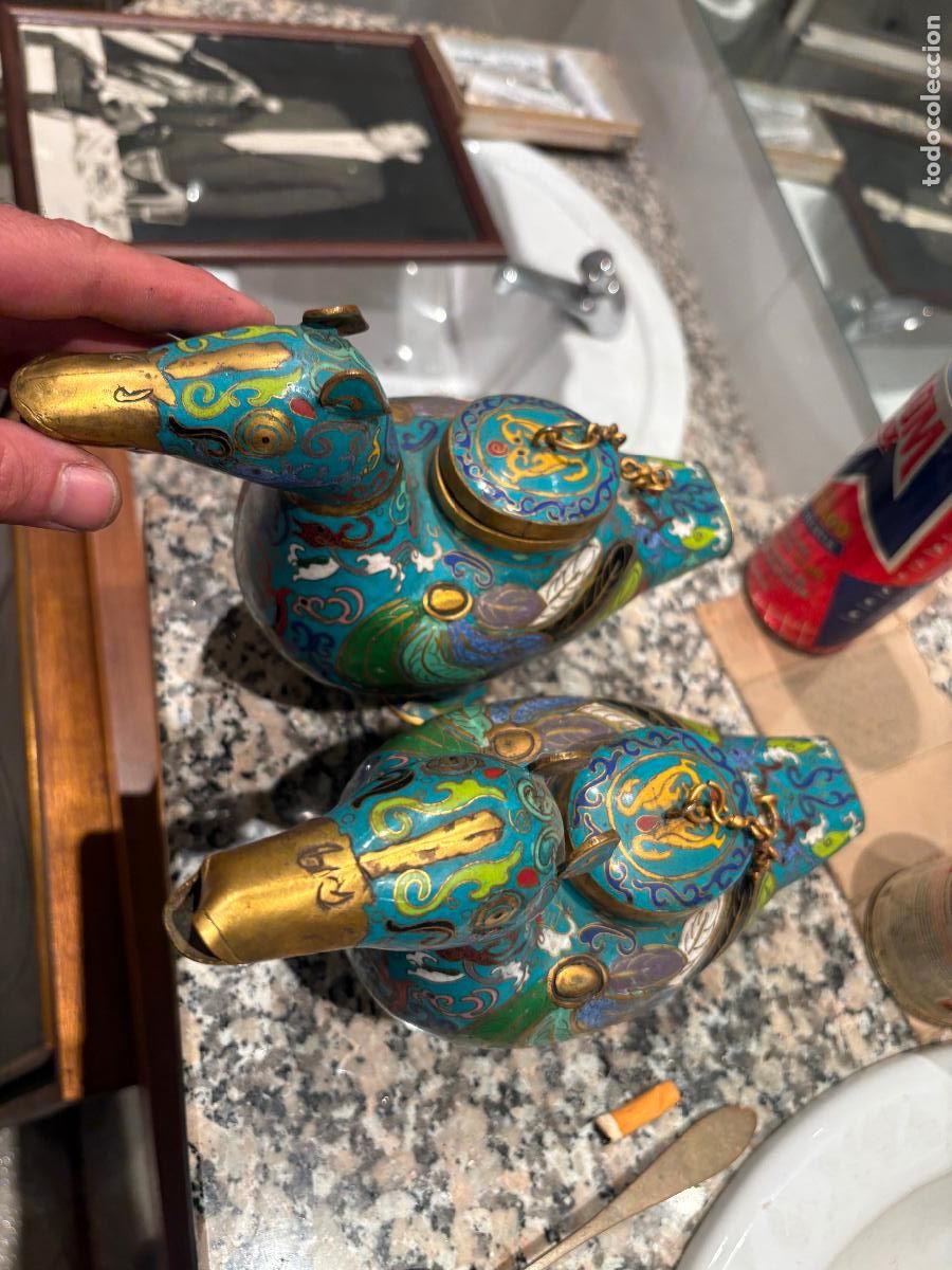 Arte: Patos cloisone chinos pareja siglo xx esmalte y bronce