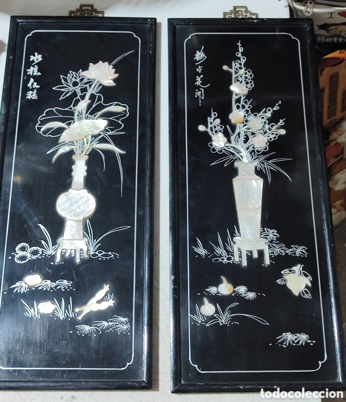 Arte: Pareja de cuadros paneles lavados madre perla China a&ntilde;os 70