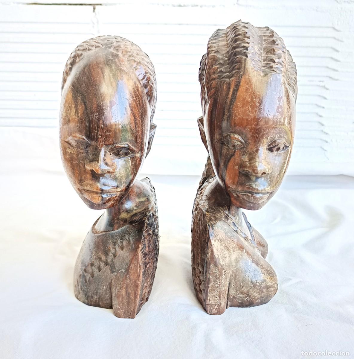 Arte: Pareja de bustos africanos tallados a mano en madera &ndash; Hombre y mujer &ndash; &Aacute;frica Occidental &ndash; Segunda