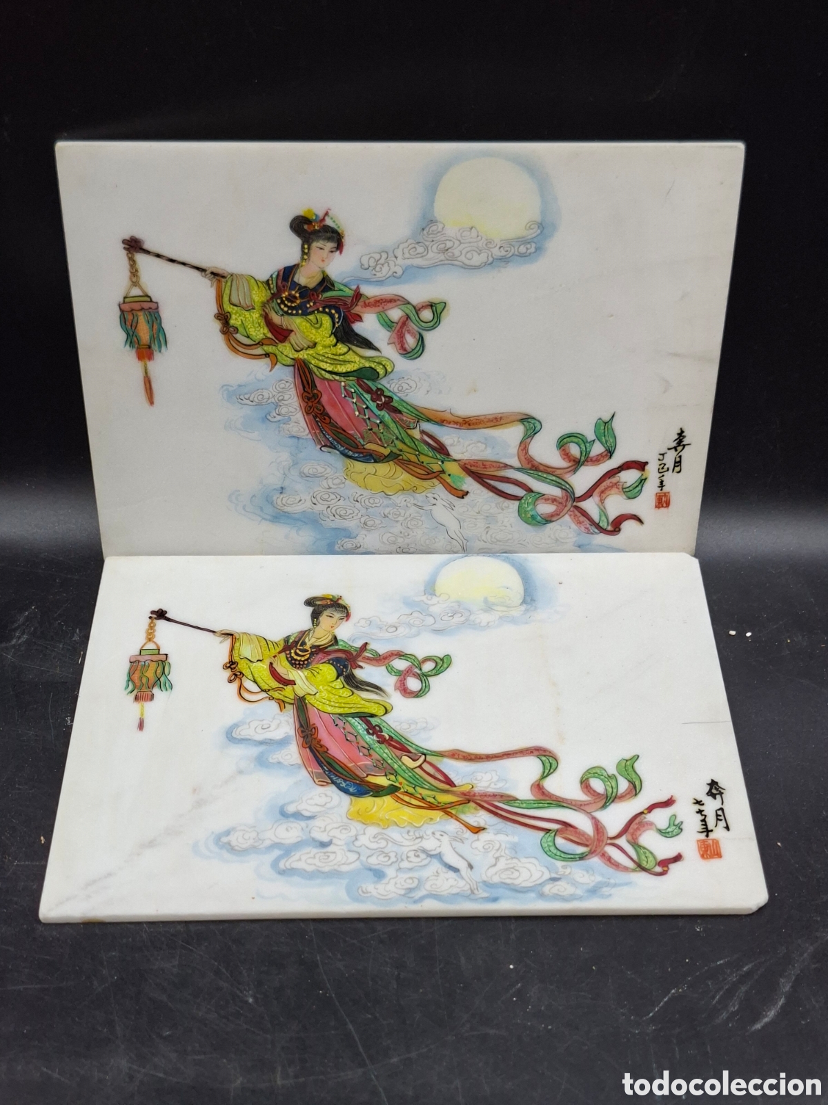 Arte: Azulejos o placas orientales de porcelana pintadas a mano. Doncella celestial china