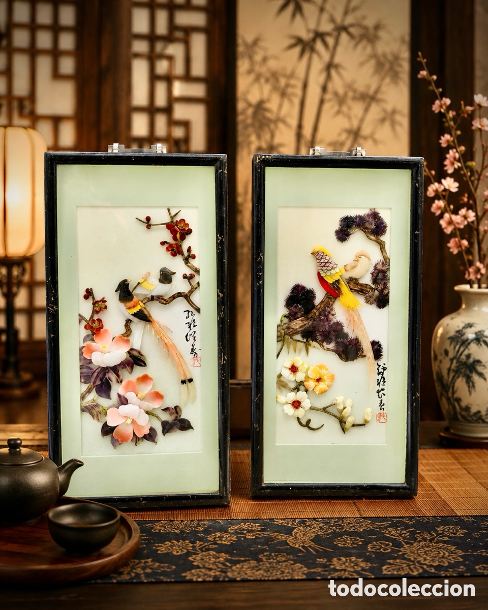 Arte: CUADROS ASI&Aacute;TICOS DE N&Aacute;CAR Y CONCHAS ARTE ORIENTAL AVES EX&Oacute;TICAS Y FLORES EN RELIEVE