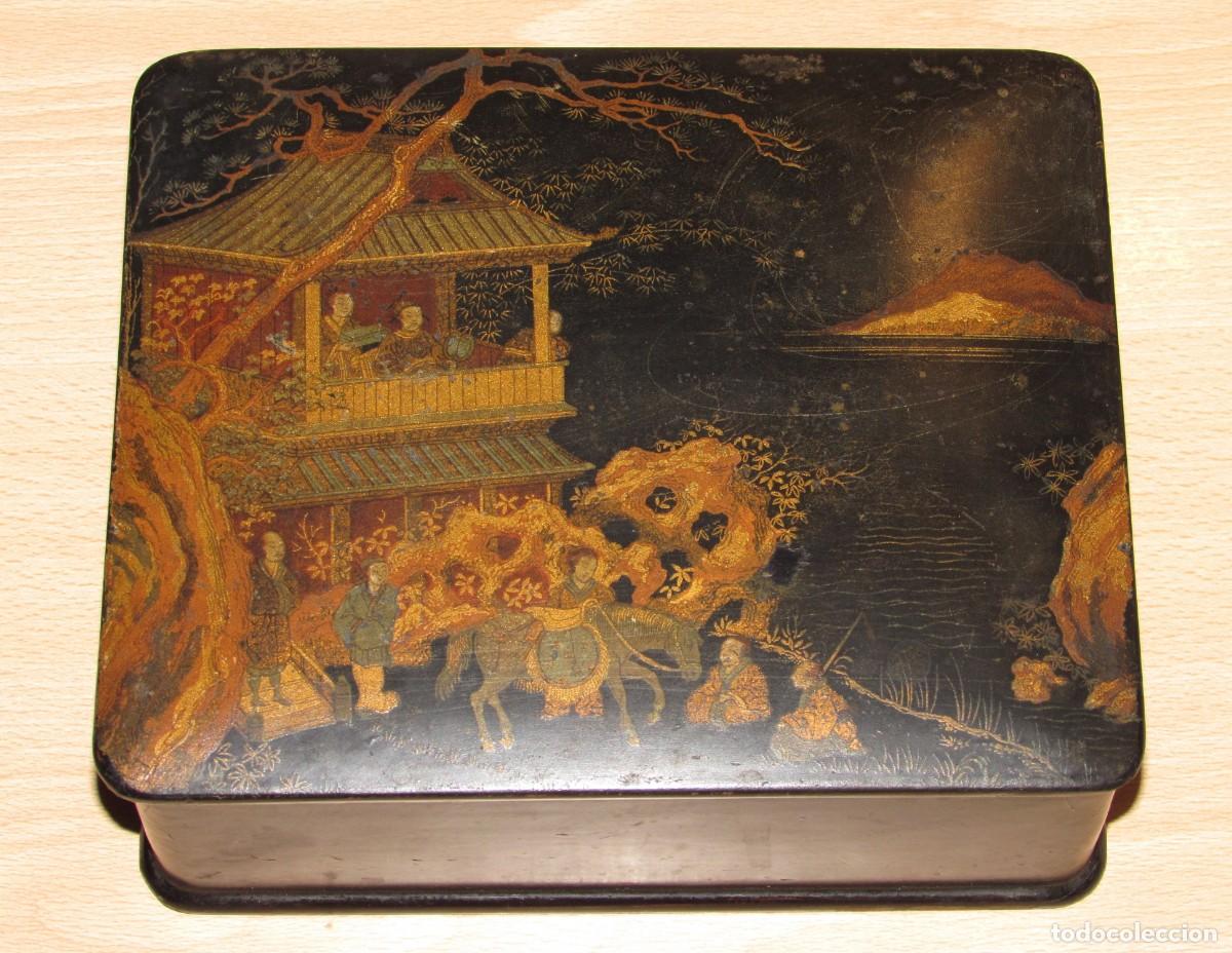 Arte: Antigua caja joyero oriental japon&eacute;s Jap&oacute;n madera papel mach&eacute; lacado Meiji circa 1900