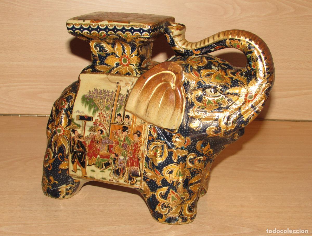 Arte: Pedestal peana oriental vintage elefante cer&aacute;mica Jap&oacute;n China estilo Satsuma numero sello circa 1960